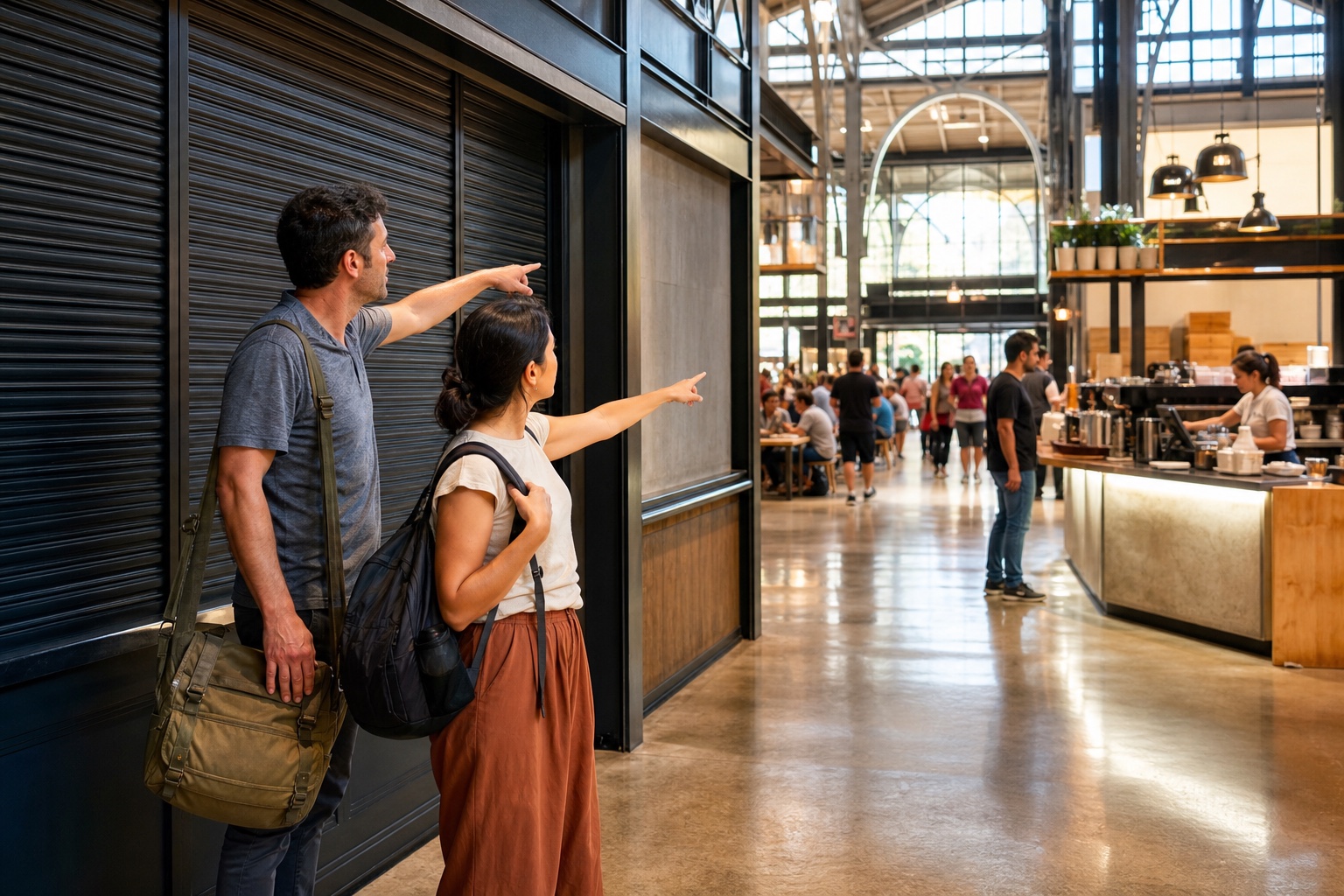 Two adult travelers redirect from a closed market stall toward an open staffed cafe in the same public hall.