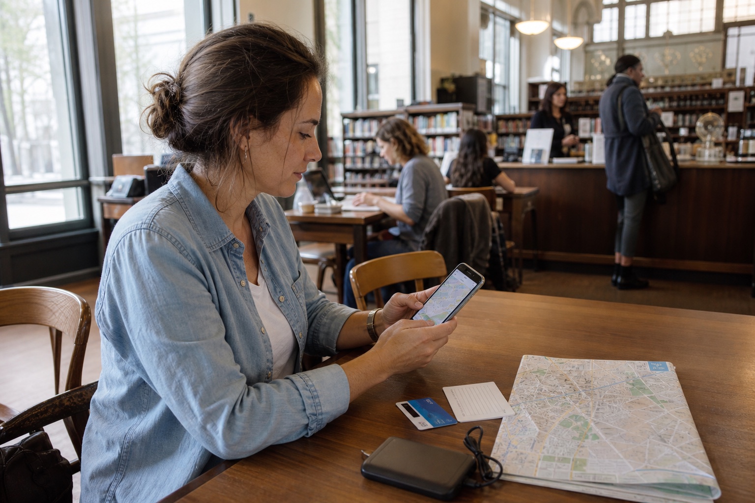 A solo woman traveler prepares a phone, power bank, paper note, transit card, and city map at a staffed public cafe.