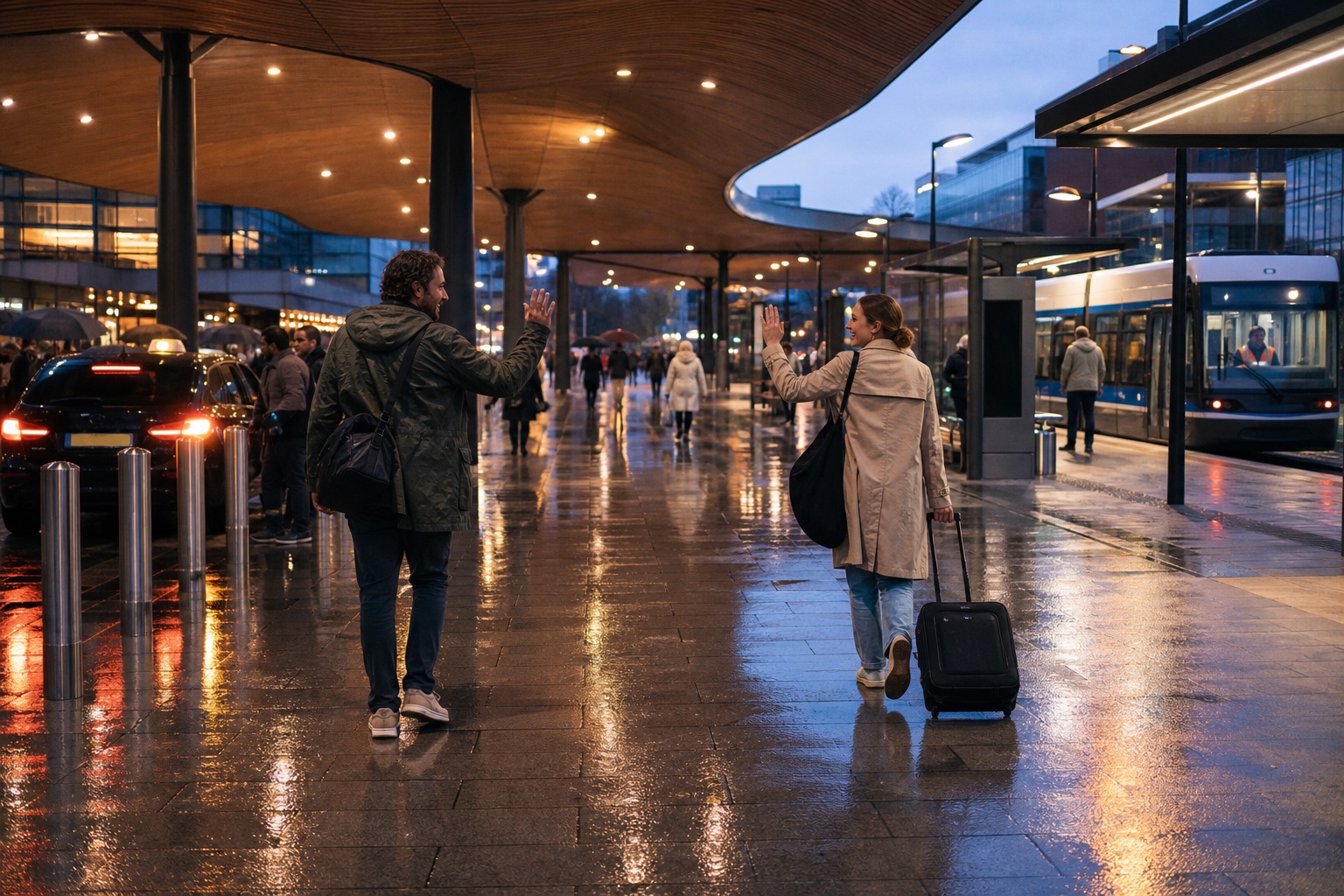 Two solo travelers wave goodbye while leaving toward separate tram and taxi routes in a rainy, well-lit public plaza.