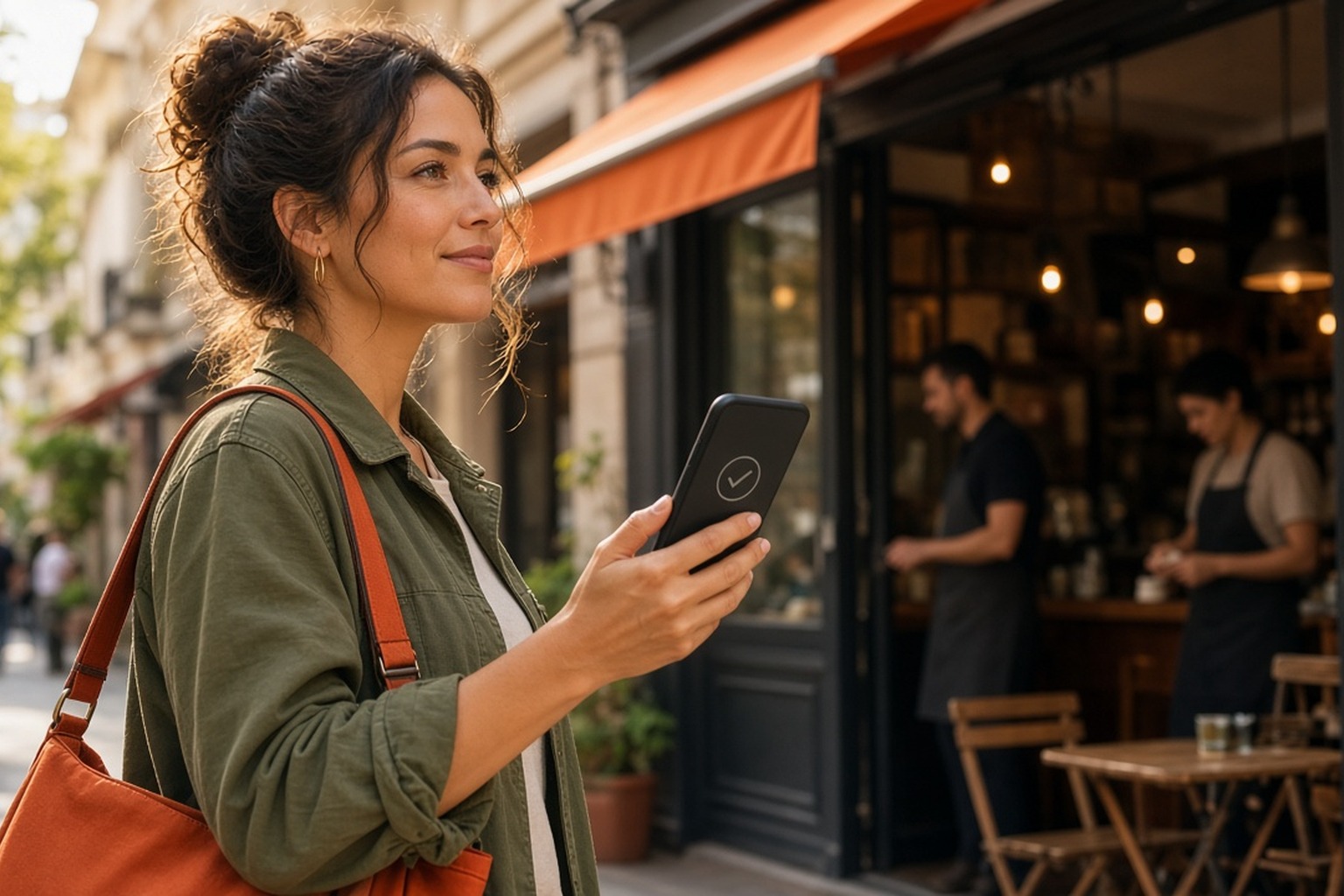 Solo traveler reviews a timed check-in plan on a phone before a public meetup in a new city.
