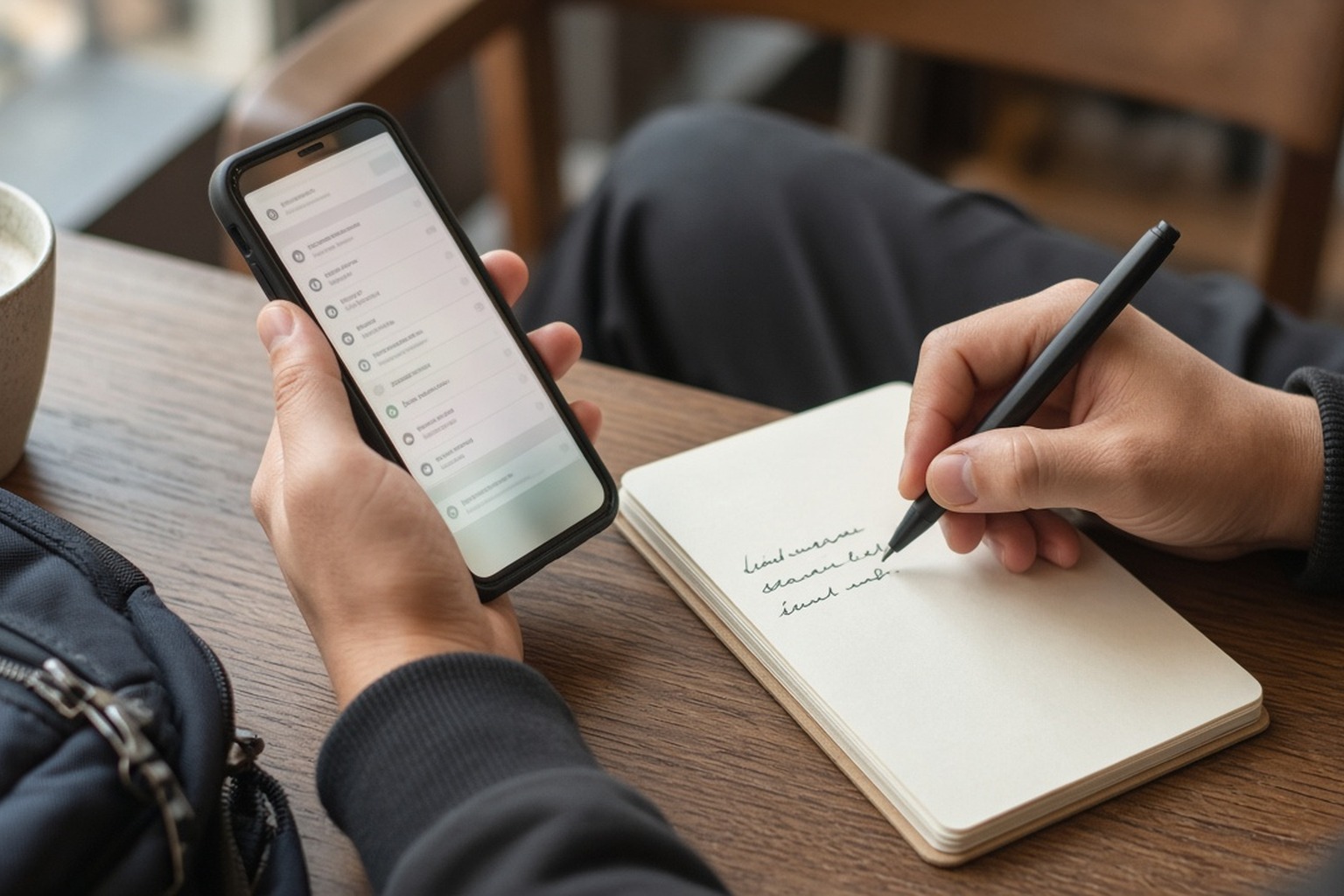 Solo traveler sets phone reminders and a short note for a trusted contact before a public travel meetup.