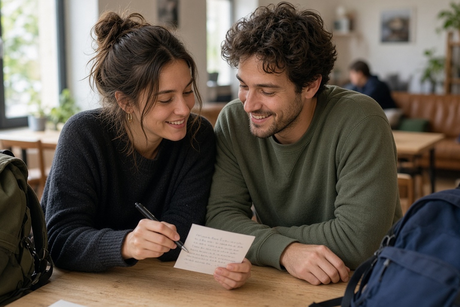 Two friends review a simple written check-in card with venue name, time windows, and escalation steps.