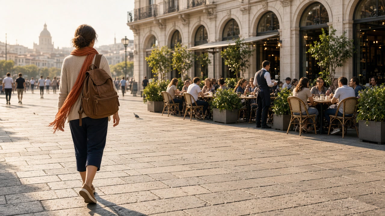 Solo traveler reviews daylight meetup timing near a brightly lit public square.