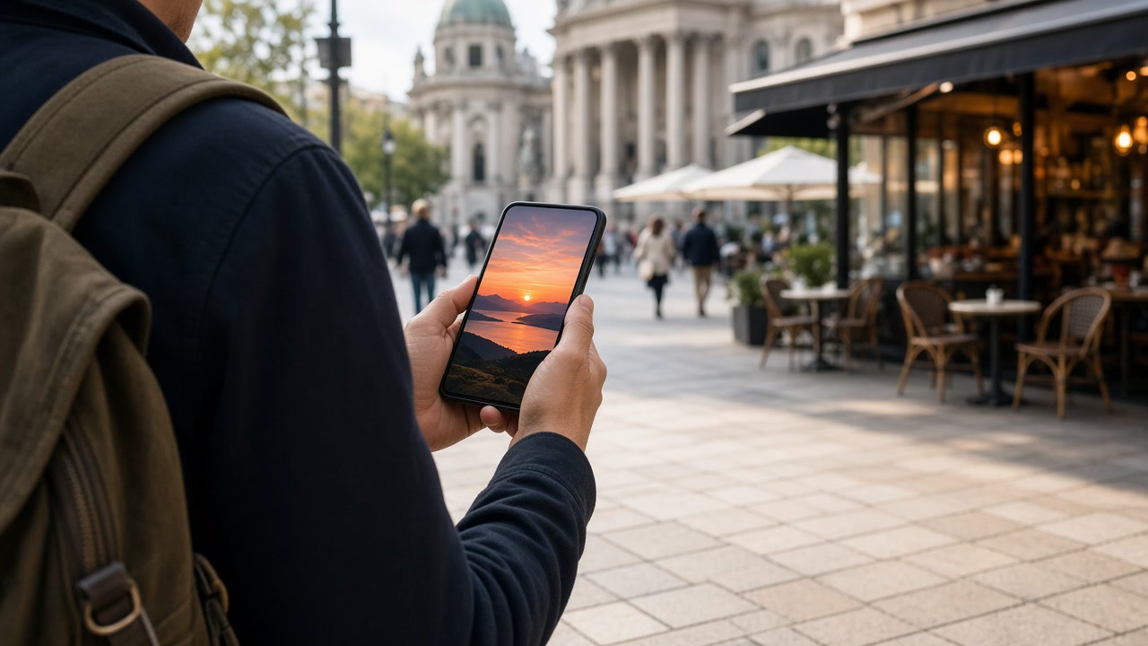 Solo traveler checks sunset time and a cafe reservation window on a phone while standing in bright plaza light.