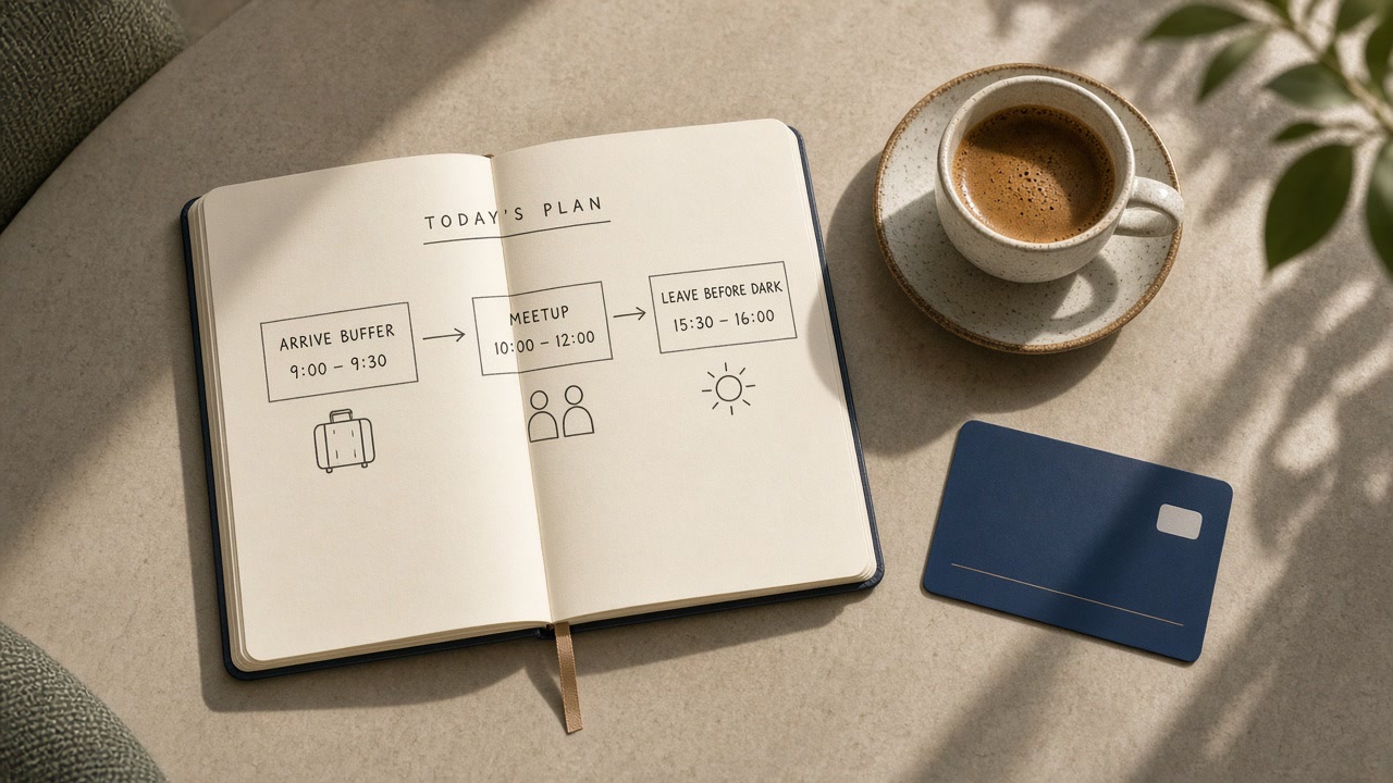 Notebook showing a daylight meetup timeline with arrive buffer, meetup block, and leave-before-dark hard stop.