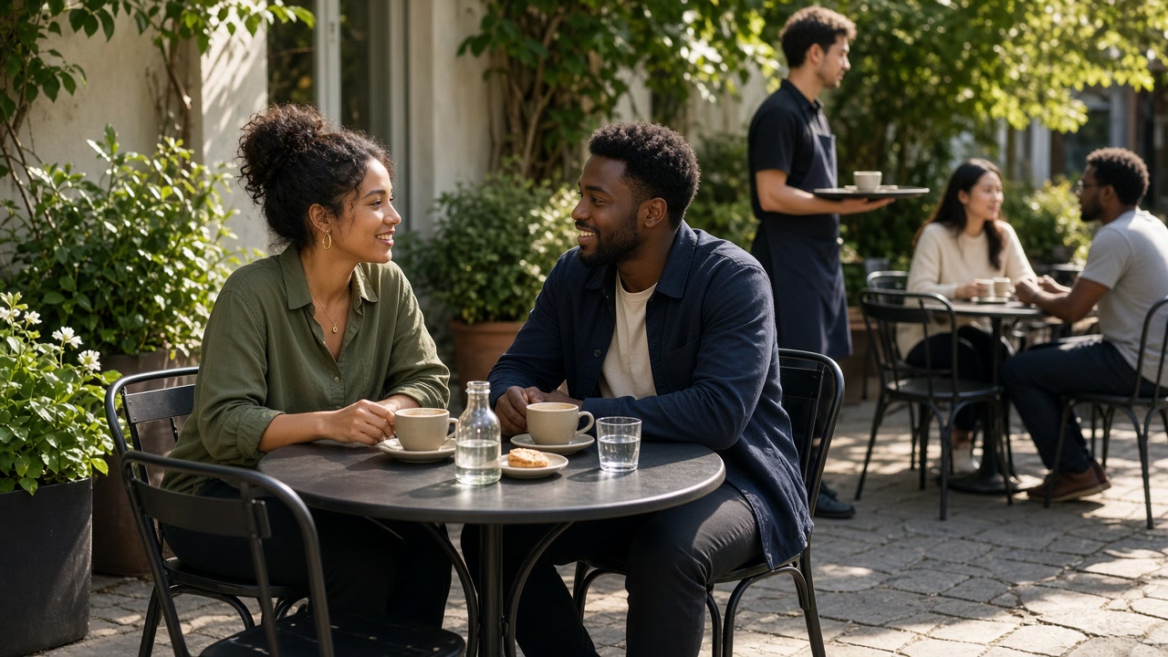 Two people talking at an outdoor cafe table in bright afternoon light with staff and other guests visible nearby.