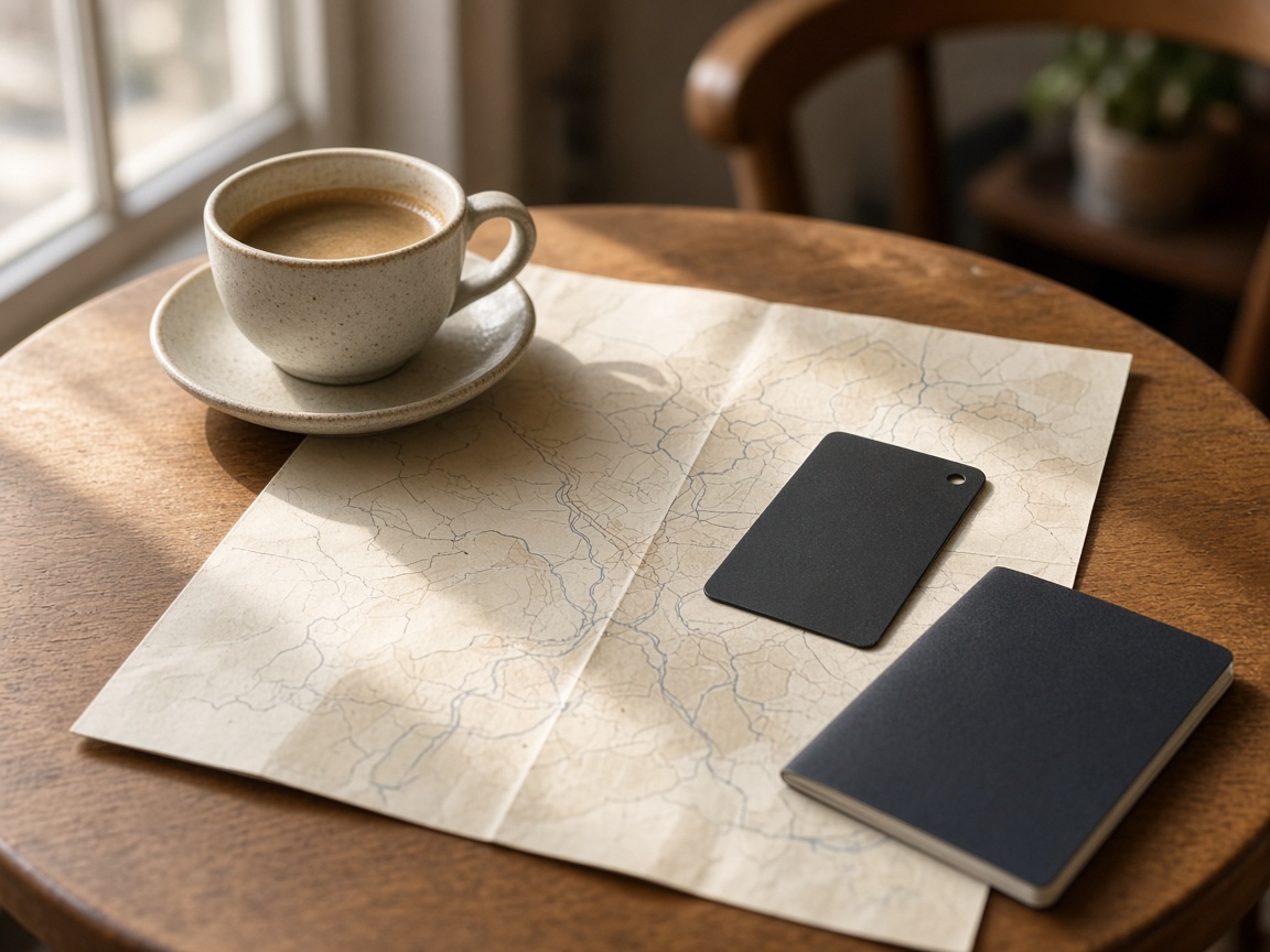 A coffee cup, a closed passport, and a hotel key card turned face-down on a sunlit cafe table.