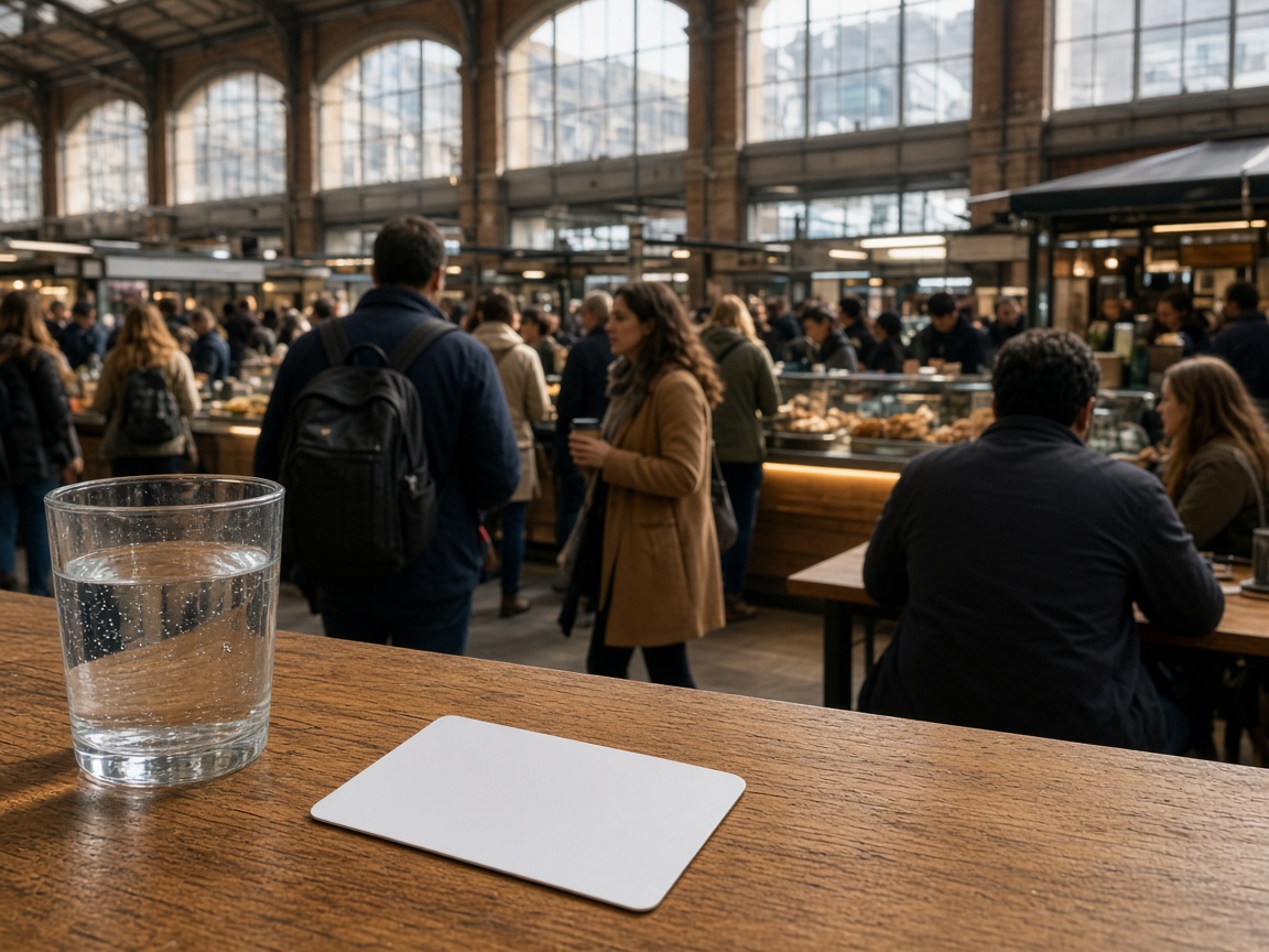 A face-down hotel key card and a glass of water on a counter inside a busy daylight market hall.