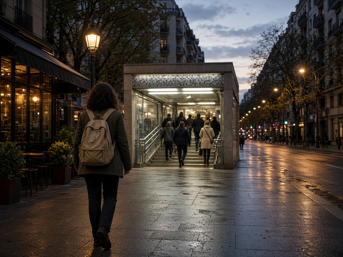 A traveler with a small day bag passes a lit metro entrance at dusk after leaving a public meetup.