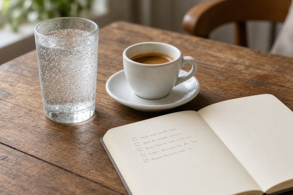 Solo traveler at a bright cafe table with water and a notebook outlining a drink limit before a public travel meetup.