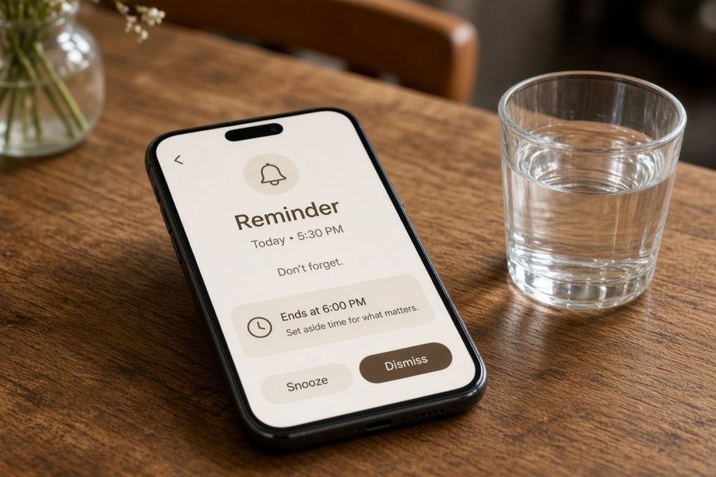 Close-up of a phone reminder labeled drink cap and meetup end time next to a cafe receipt and water glass.