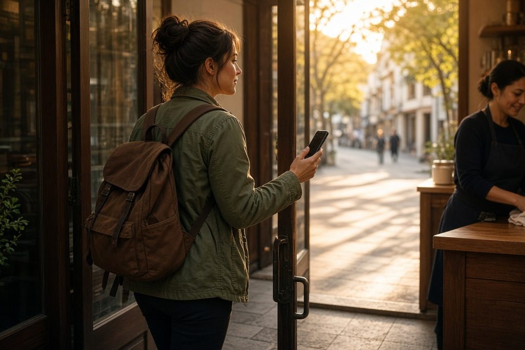 Solo traveler leaving a busy public cafe at golden hour toward a staffed street, phone in hand for a leave check-in.