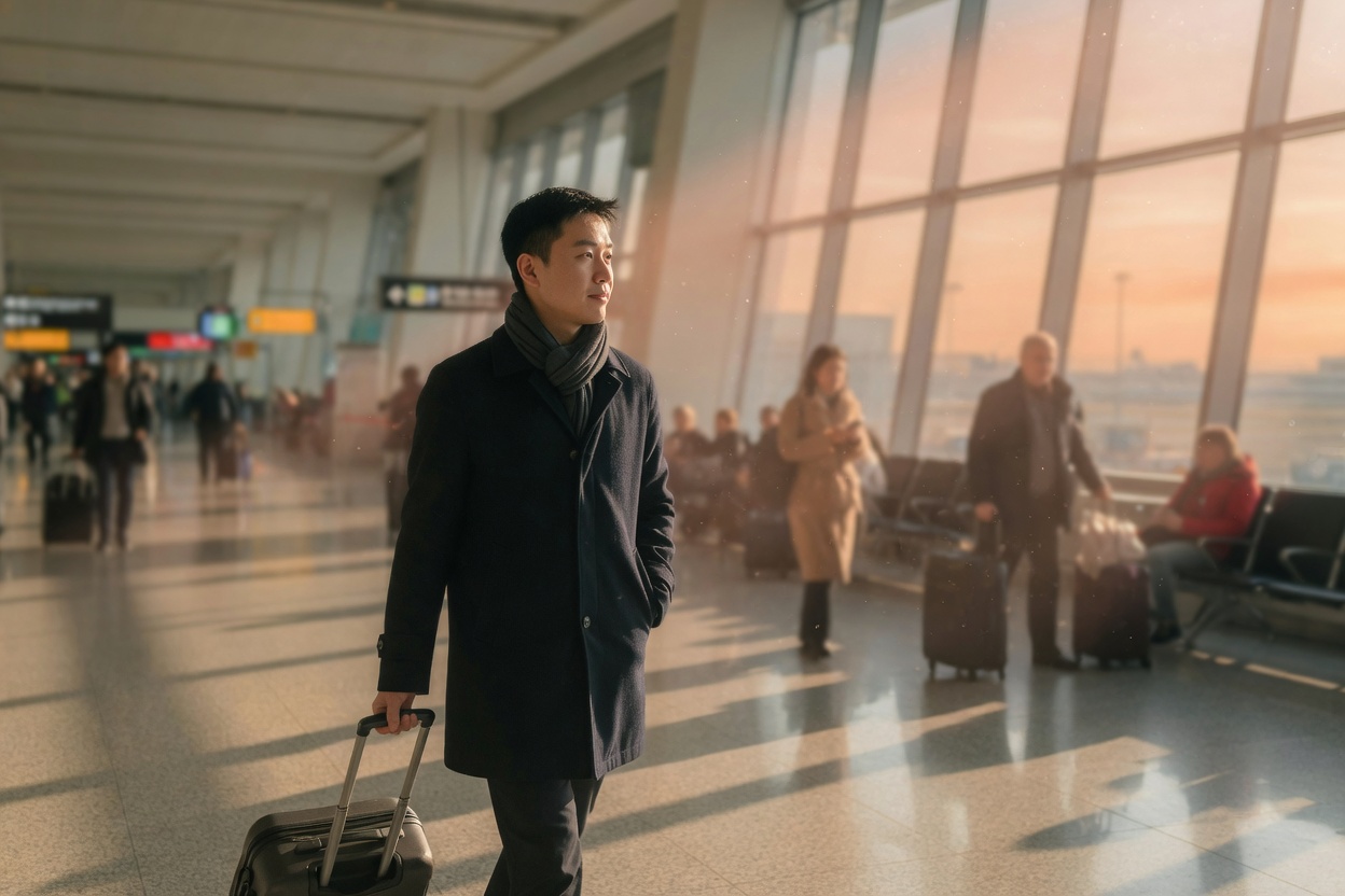 A man in a navy coat pulls a carry-on through a sunlit airport departure hall as other travelers wait by the windows.
