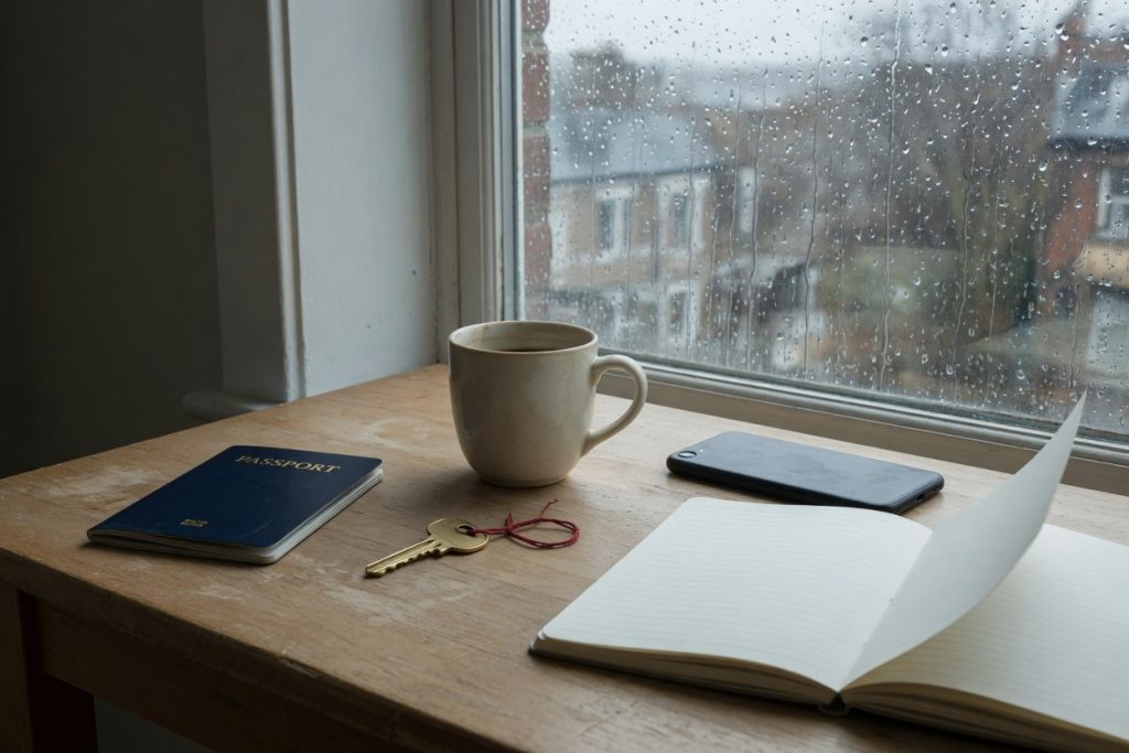 A closed passport, a brass house key, a coffee mug, a face-down phone, and a blank notebook on a wooden desk beside a rainy window.