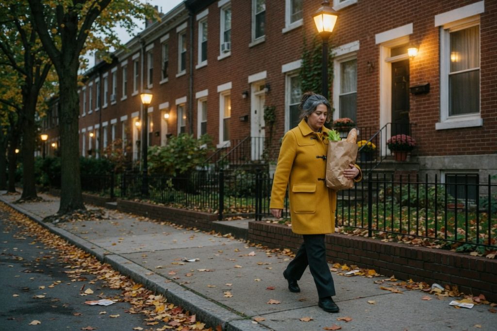 A woman in a mustard coat carries a grocery bag along a leafy residential street of brick row houses at early evening.