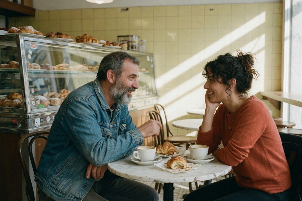 A bearded man in a denim jacket and a woman in a rust sweater talk over coffee and pastries in a sunny neighborhood bakery.