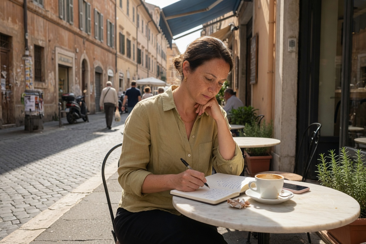 A solo traveler writes phrases in a small notebook at a sidewalk cafe table beside an espresso.