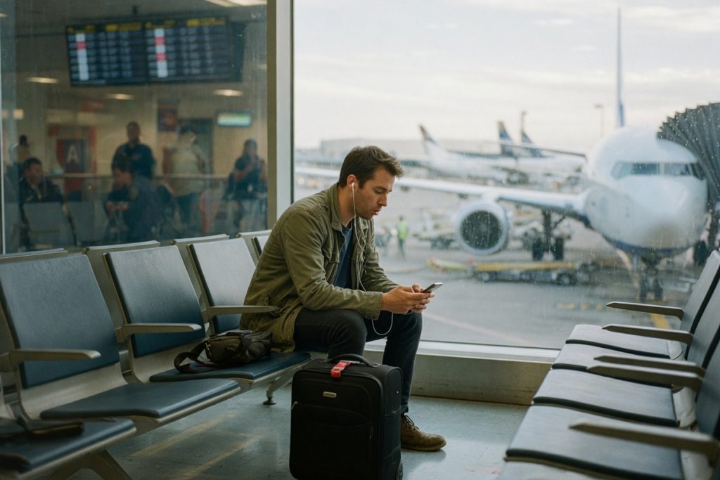 A traveler with earbuds practices phrases on his phone at an airport gate beside his carry-on.