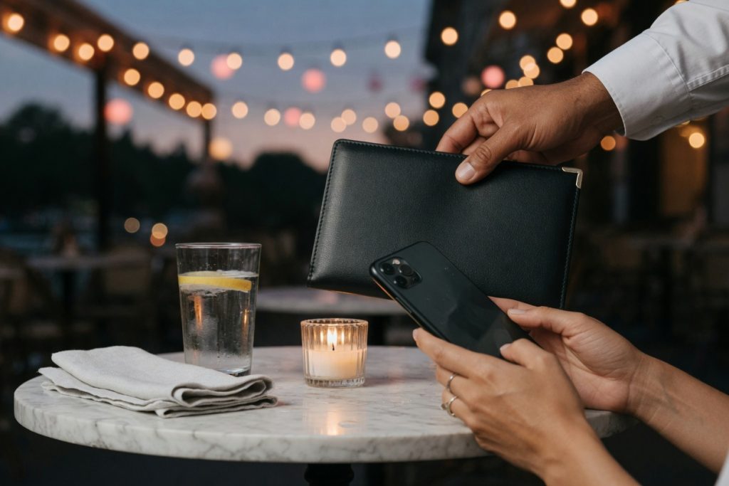 A server sets a closed bill folder on a bistro table at dusk while a traveler holds her own phone.