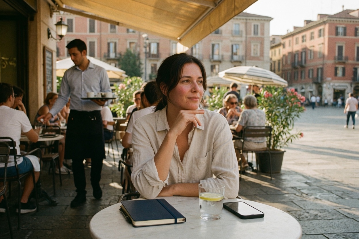 A solo traveler sits at a sunlit cafe with a phone face-down beside a closed notebook.