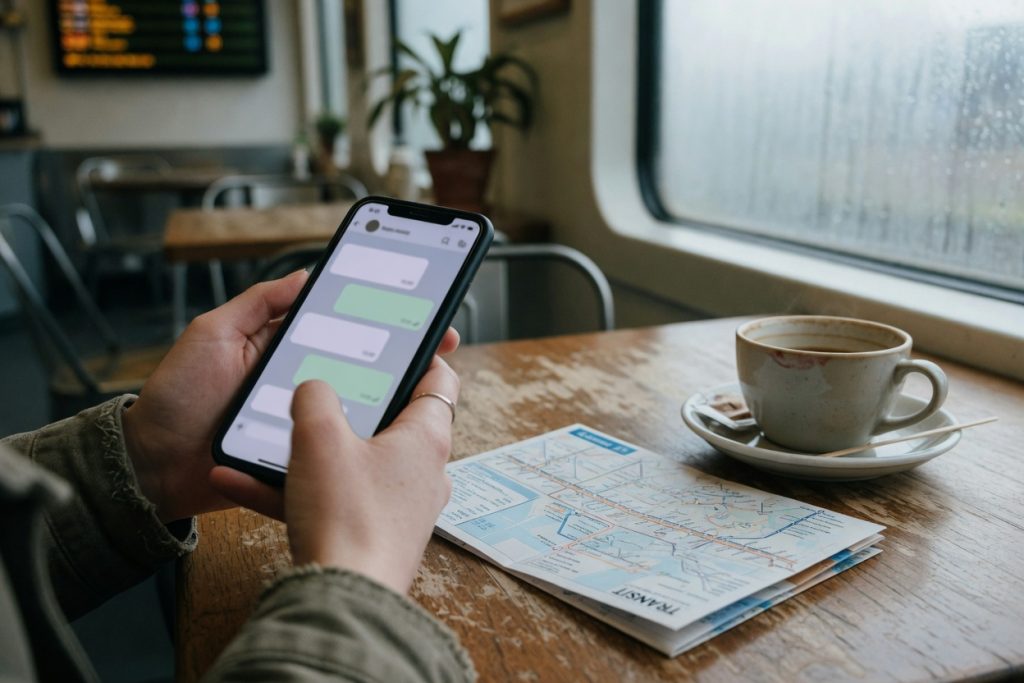 A traveler holds a phone showing a blurred chat thread above a cafe table with a paper transit map and a cup of coffee.