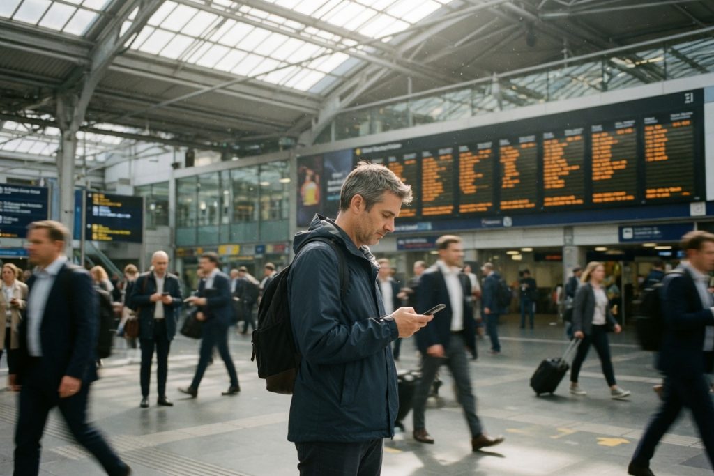 A solo traveler with a backpack checks his phone in a bright, busy train station concourse at midday.