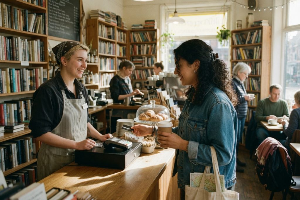 A traveler pays for her own drink with a contactless card at a bright bookshop cafe counter while a barista smiles.