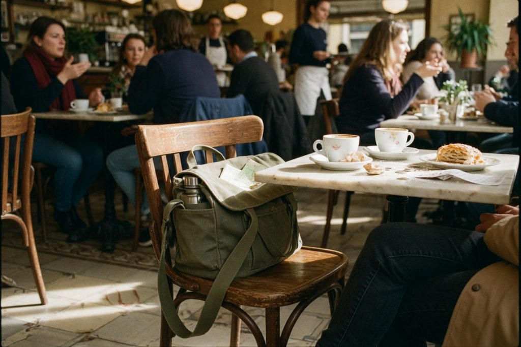 A canvas day bag hangs on a cafe chair beside a table with two coffees and a pastry.