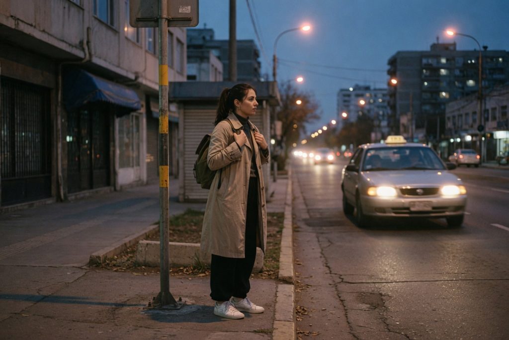 A traveler waits alone at an evening taxi rank holding her backpack as a car approaches.