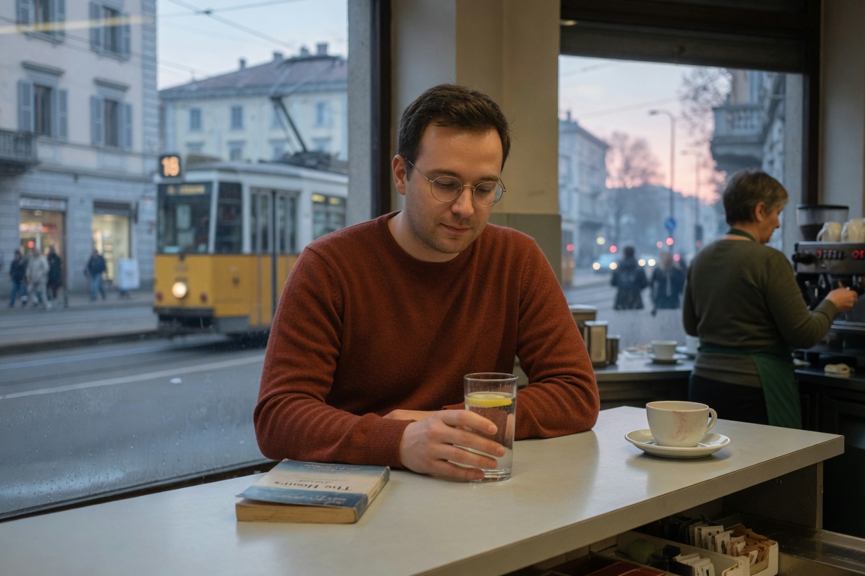 A man in a rust sweater sits at a staffed cafe counter in the morning with a glass of water and a closed paperback, a tram outside the window.