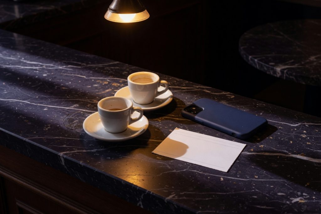 Two espresso cups, a face-down phone in a navy case, and a blank index card on a dark marble cafe counter.