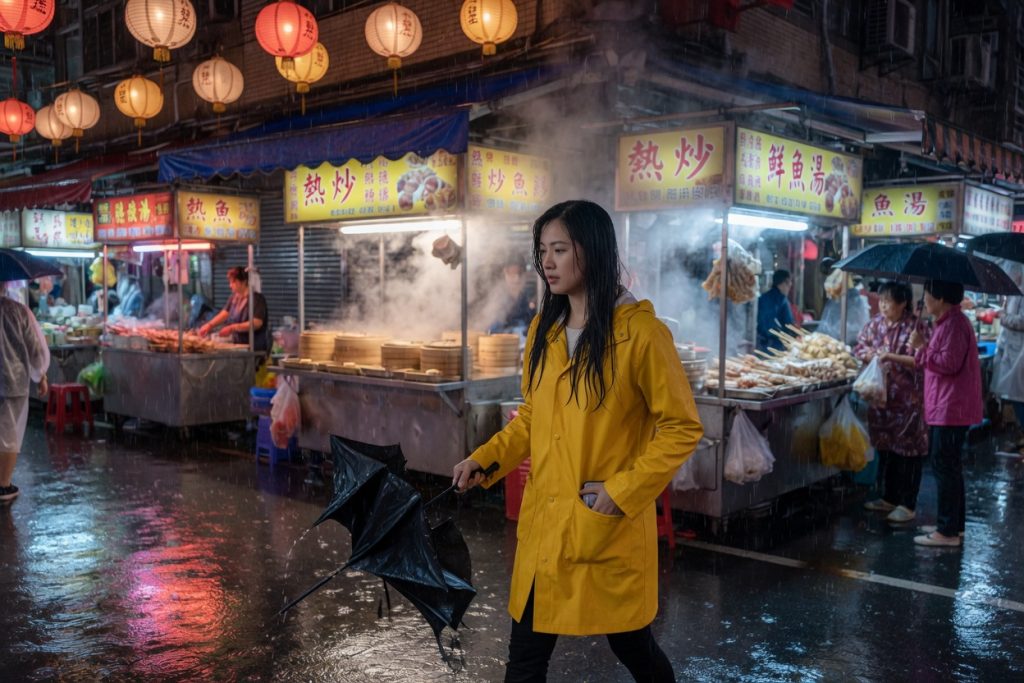 A woman in a yellow raincoat walks through a rainy night market with her phone in her coat pocket.