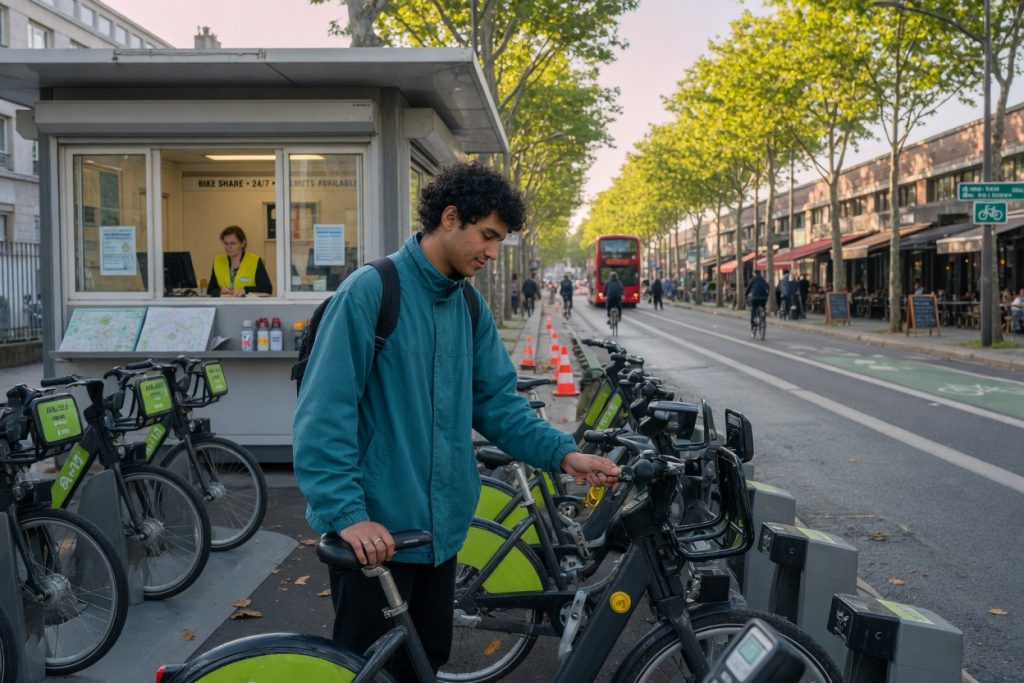 A traveler in a teal jacket unlocks a city bike at a staffed share dock in morning light.