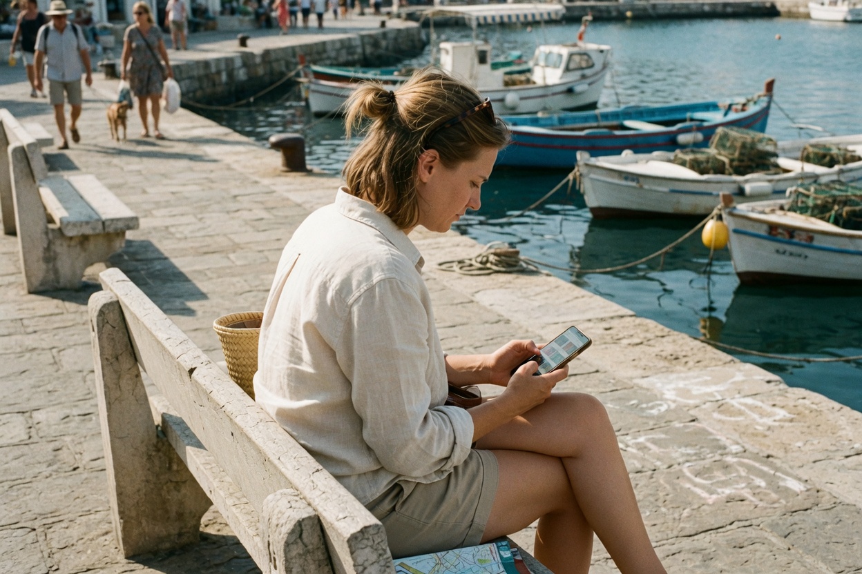 A solo traveler in a linen shirt sits on a sunlit stone bench by a harbor, looking through photos on her phone with fishing boats behind her.