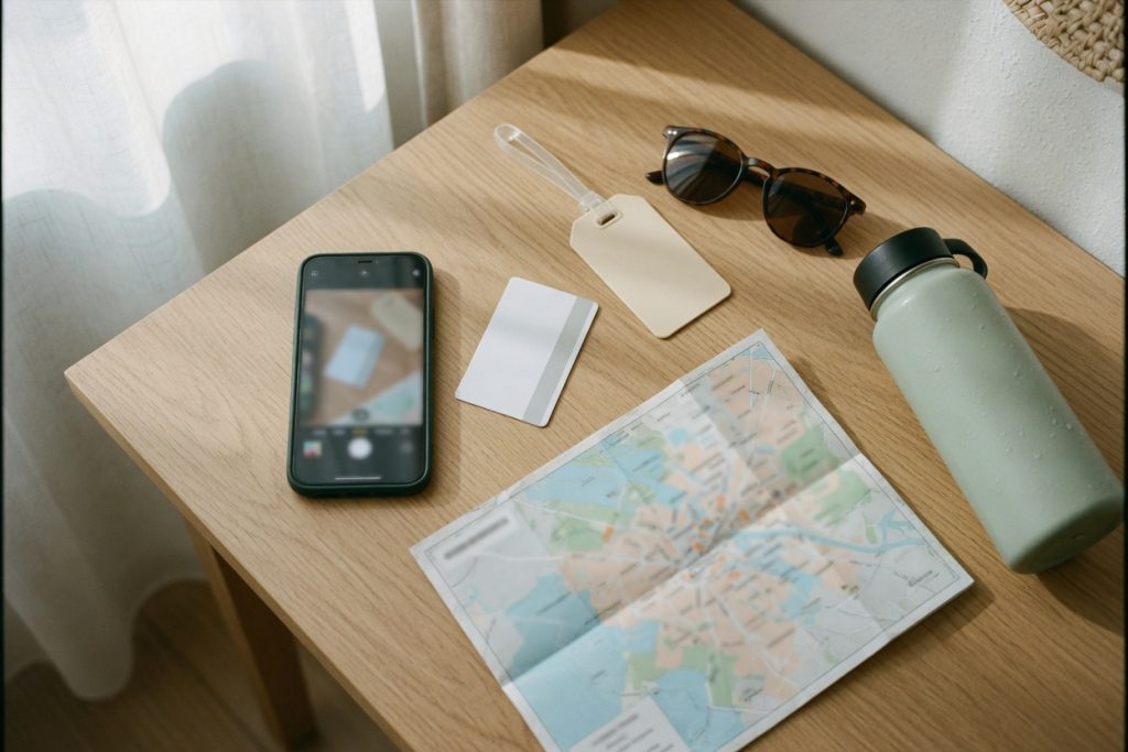 A flat lay on a wooden desk with a phone camera screen, a blank key card, a luggage tag, sunglasses, a paper map and a water bottle.