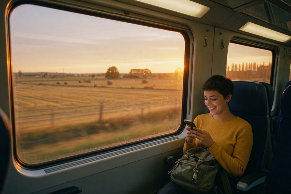 A smiling traveler in a mustard sweater looks at her phone on a train as golden fields pass the window at sunset.