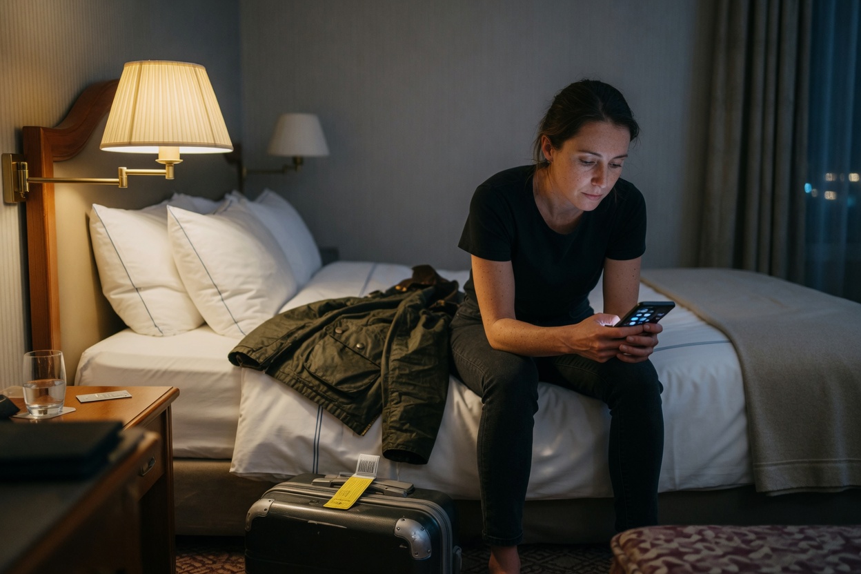 A traveler sits on the edge of a hotel bed at night, calmly looking at the phone in her hands.