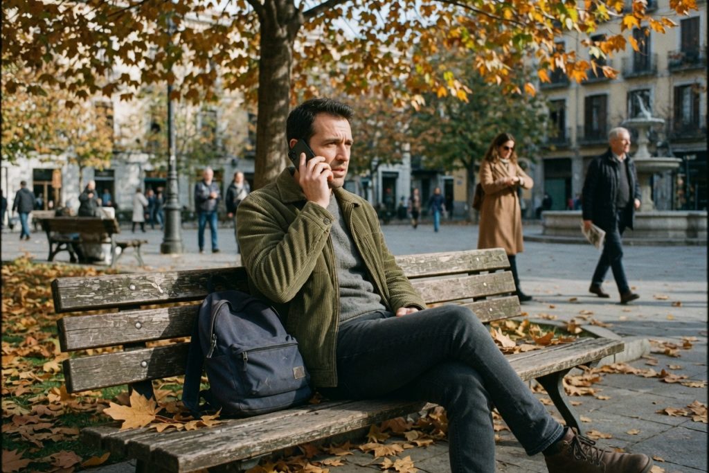 A traveler sits on a park bench in an autumn square making a serious phone call.