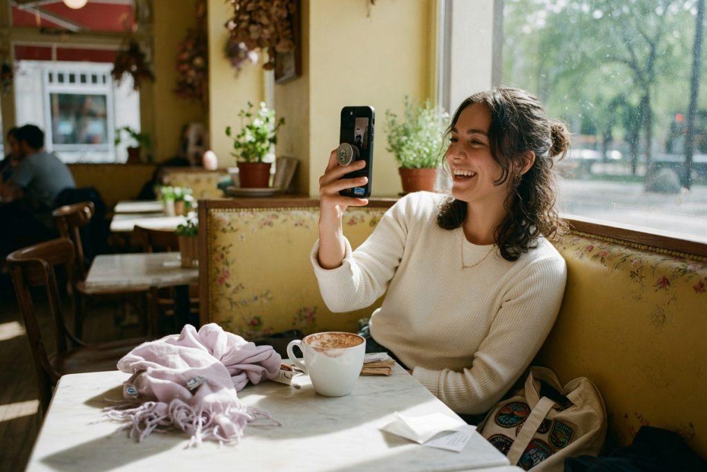 A relieved traveler smiles during a video call with a friend at a bright cafe table.
