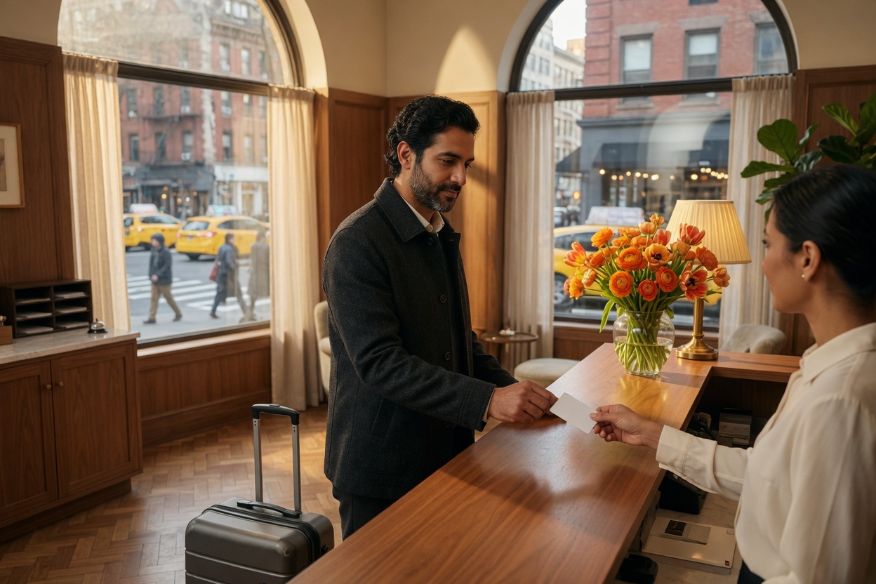 A man in a charcoal jacket takes a plain key card at a sunlit hotel desk, his own suitcase beside him.