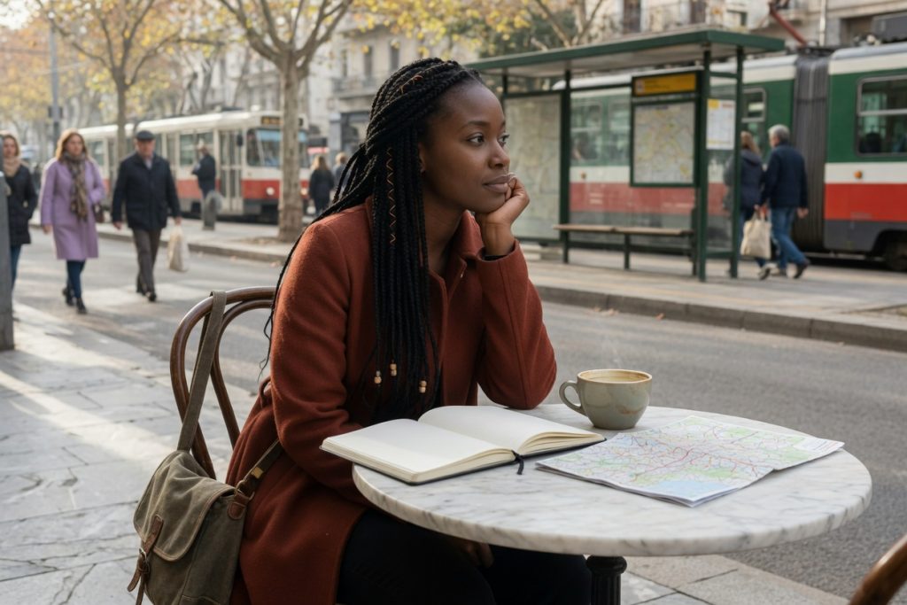 A woman in a rust coat sits at a sidewalk cafe with a blank notebook, a coffee, and a paper map, a tram stop across the street.