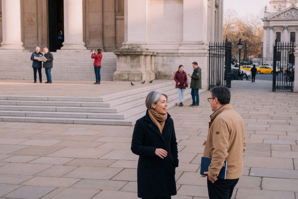 A woman in a navy coat and a man in a tan jacket talk a few steps apart on a museum plaza in afternoon light.