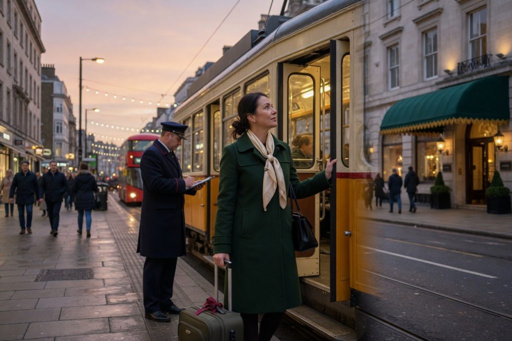 A woman in a green coat boards a tram with her own suitcase while an attendant stands nearby at dusk.
