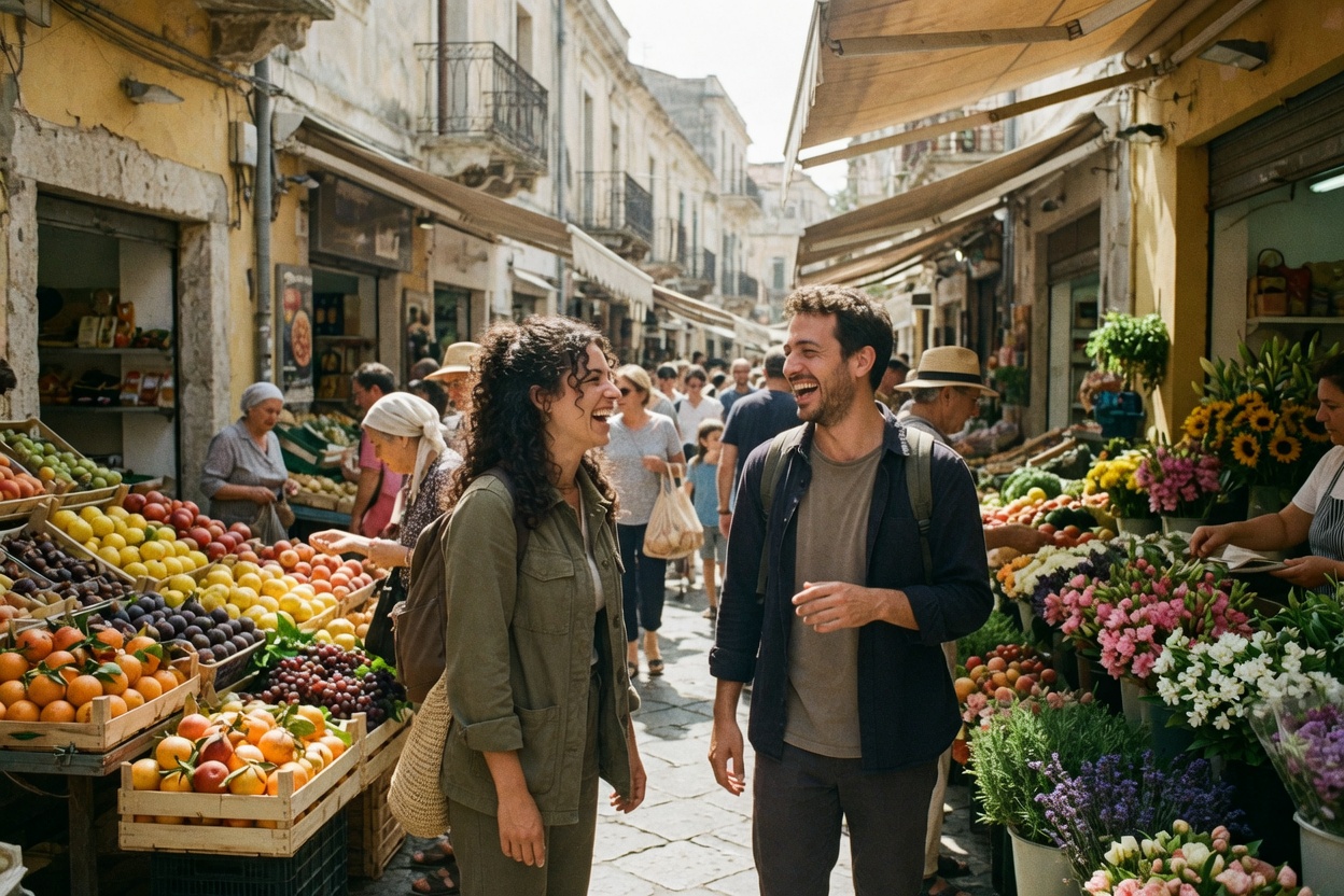 Two travelers laugh as they walk side by side through a busy open-air market with fruit and flower stalls in a sunny old town.