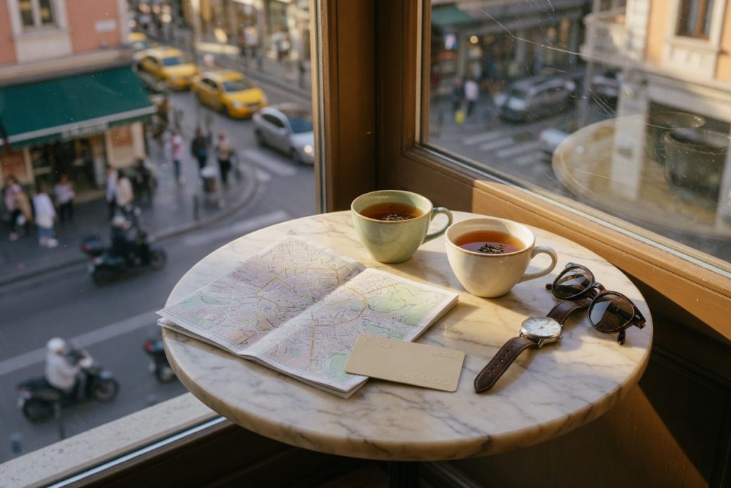 Two cups of tea, a folded paper map, a wristwatch, a blank card and sunglasses on a marble cafe table beside a sunny street window.