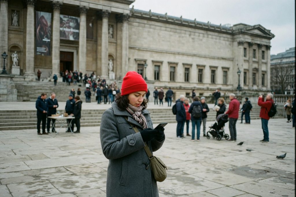A traveler in a red beanie and grey coat checks her phone on a busy stone plaza in front of a large public museum.