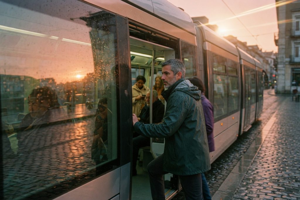 A traveler in a green rain jacket steps onto a city tram on his own at golden hour, sunlight reflecting off the wet cobblestones.