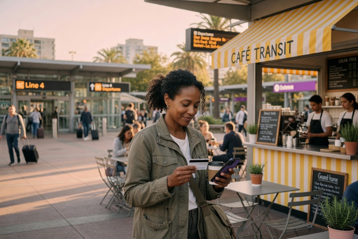 Solo traveler in a late-afternoon transit plaza beside a staffed cafe, holding a transit card and a phone.