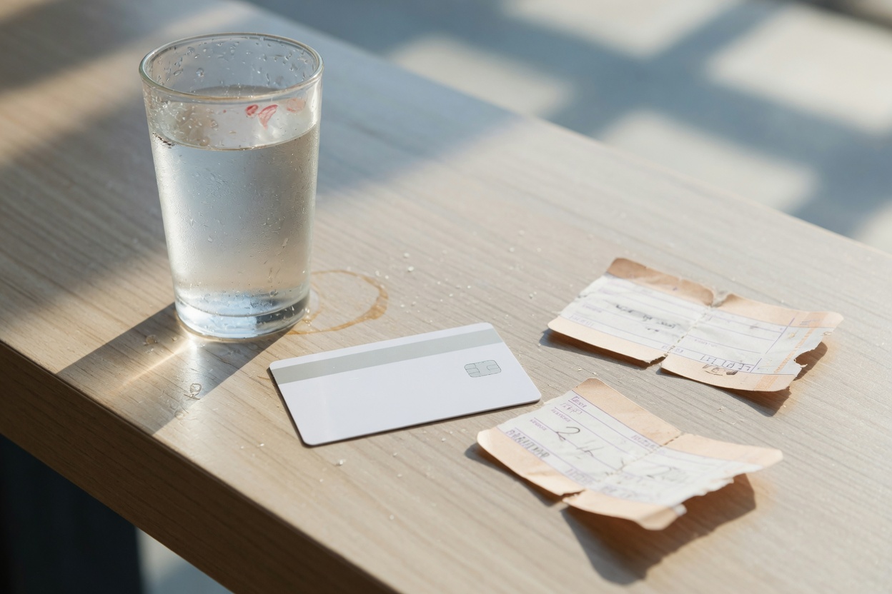 A glass of water, a plain transit card, and two separate paper tickets on a sunlit cafe table.