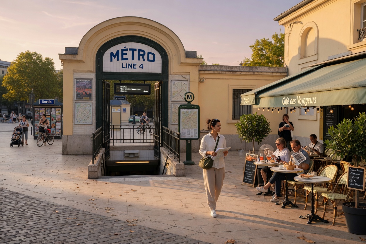 A traveler walks across a late-afternoon plaza toward a metro entrance beside an outdoor cafe.